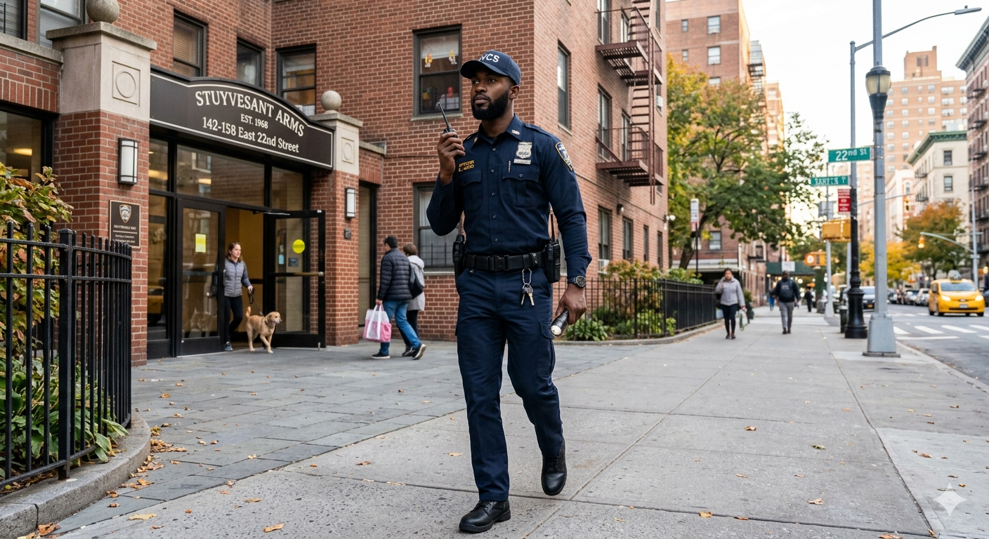 SSS uniformed security officer on post outside a New York City residential building